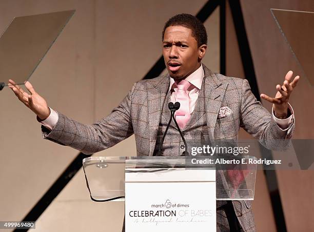 Host Nick Cannon speaks onstage at the March Of Dimes Celebration Of Babies Luncheon honoring Jessica Alba at the Beverly Wilshire Four Seasons Hotel...