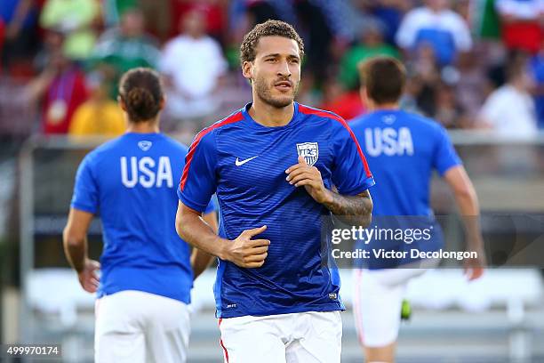 Fabian Johnson of the United States warms up before the 2017 FIFA Confederations Cup Qualifying match against Mexico at Rose Bowl on October 10, 2015...