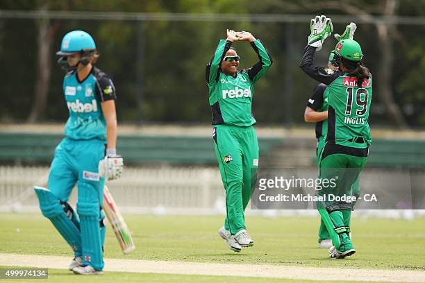 Alana King of the Stars celebrates her wicket of Jessica Jonassen of the Heat during the Women's Big Bash League match between the Brisbane Heat and...