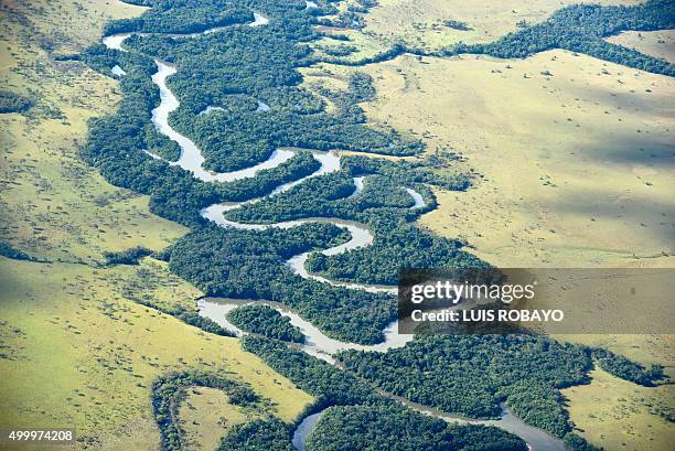 Aerial view of the Tuparro river, department of Vichada, Colombia, on November 25 during the Anostomus II operation against illegal mining. A joint...
