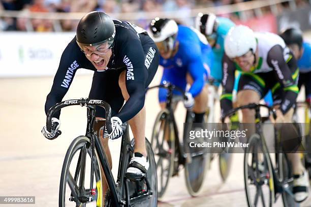 Sam Webster of New Zealand wins his heat in the Men's Keirin during the 2015 UCI Track Cycling World Cup on December 5, 2015 in Cambridge, New...