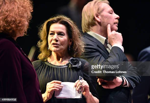 Nina Hoger, Hannelore Elsner and Ben Becker are seen on stage at the end of the anniversary concert Rilke Projekt Live 'Dir zur Feier' at Alte Oper...