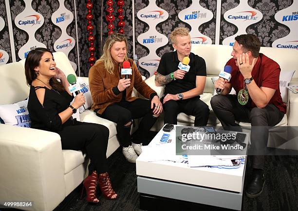 Radio personality Sisanie, recording artist Conrad Sewell, radio personality JoJo Wright and radio personality Jesse Lozano attend 102.7 KIIS FMs...