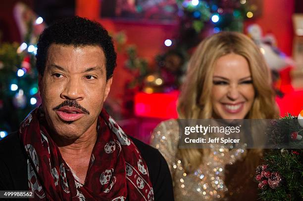 Lionel Richie and Kylie Minogue during a live broadcast of "TFI Friday" on December 4, 2015 in London, England.