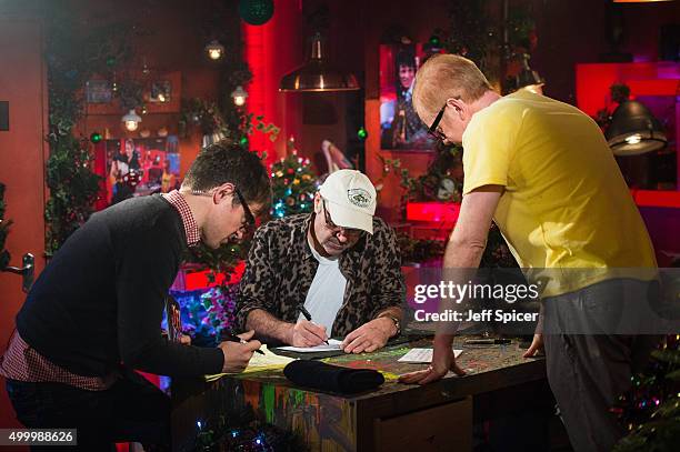 Will McDonald, Danny Baker and Chris Evans during a live broadcast of "TFI Friday" on December 4, 2015 in London, England.