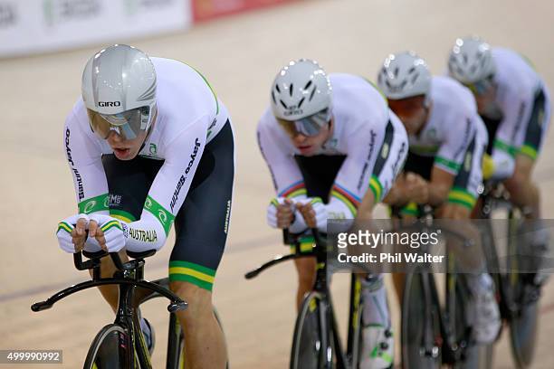 Jack Bobridge, Alexander Edmondson, Michael Hepburn and Mitchell Mulhern of Australia during the Mens Team Pursuit semi-final during the 2015 UCI...
