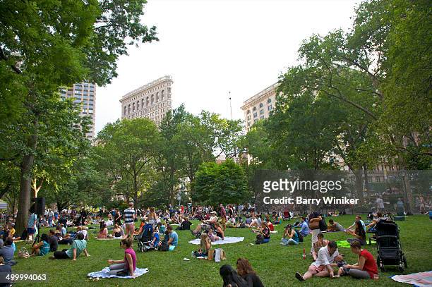 people on grass for nyc concert - madison square park stock-fotos und bilder