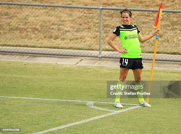 Ashleigh Sykes of Canberra United celebrates after scoring her second goal during the round eight W-League match between Canberra United and the...