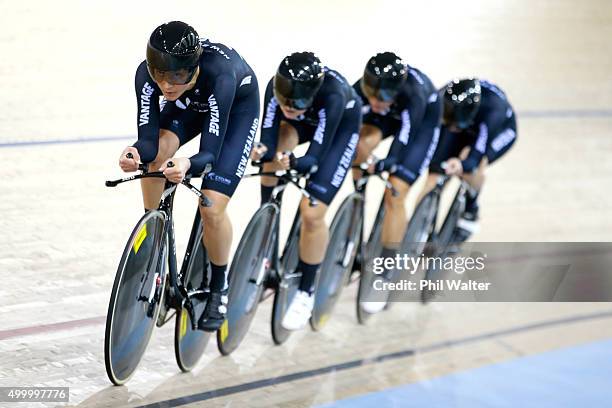 Rushlee Bushanan, Lauren Ellis, Jaime Nielsen and Georgia Williams of New Zealand compete in the 3rd and 4th final of the Womens Team Pursuit during...