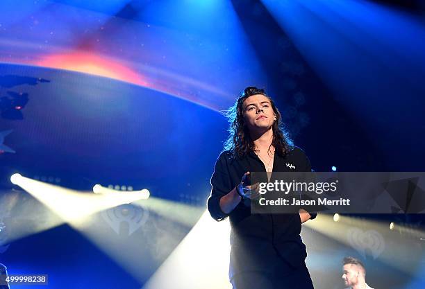 Singer Harry Styles of One Direction performs onstage during 102.7 KIIS FMs Jingle Ball 2015 Presented by Capital One at STAPLES CENTER on December...