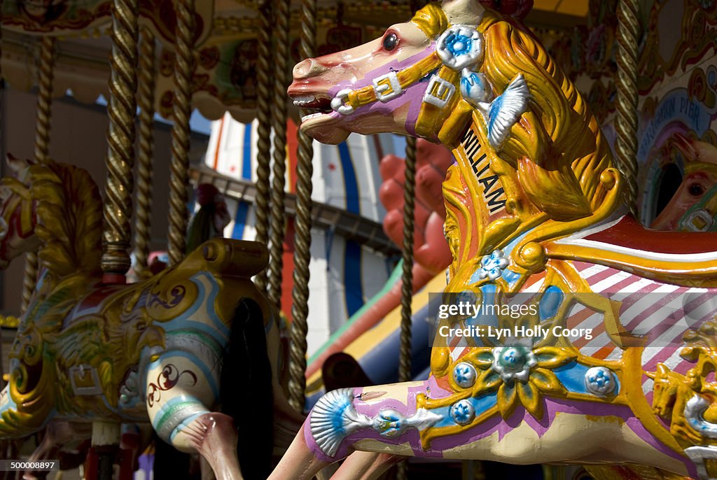 Brightly painted carousel horses