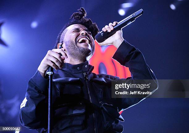 Recording artist The Weeknd performs onstage during 102.7 KIIS FMs Jingle Ball 2015 Presented by Capital One at STAPLES CENTER on December 4, 2015...