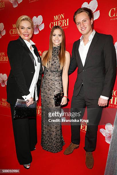 Claudia Effenberg, her daughter Lucia Strunz and her boyfriend Gabo attend the Mon Cheri Barbara Tag 2015 at Postpalast on December 4, 2015 in...