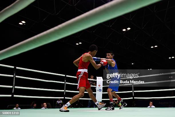 Hamza Touba of Germany fights Juliao de Miranda of Brazil in the Men's Fly class during the International Boxing Tournament - Aquece Rio Test Event...