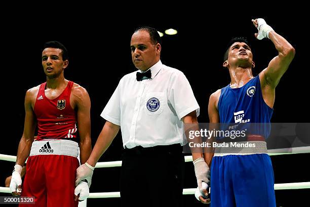 Juliao de Miranda of Brazil celebrates a victory against Hamza Touba of Germany in the Men's Fly class during the International Boxing Tournament -...