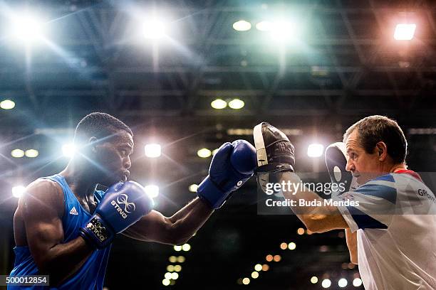 Joshua Senna Kwesi of Great Britain in action before his fight in the Men's Light Heavy class at the International Boxing Tournament - Aquece Rio...