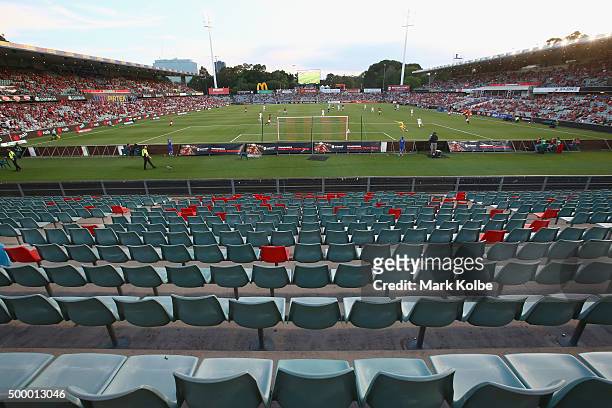 The empty seats in the bays usually taken up by "Red and Black Bloc" Wanderers supporters group is seen empty as the match starts during the round...
