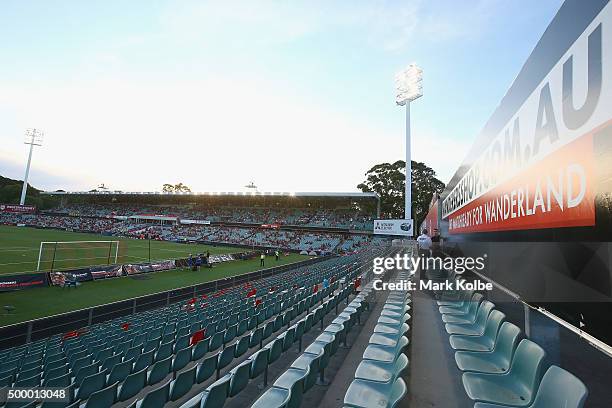 The empty seats in the bays usually taken up by "Red and Black Bloc" Wanderers supporters group is seen empty as the match starts during the round...