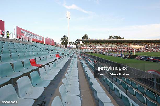The empty seats in the bays usually taken up by "Red and Black Bloc" Wanderers supporters group is seen empty shortly before start of the round nine...