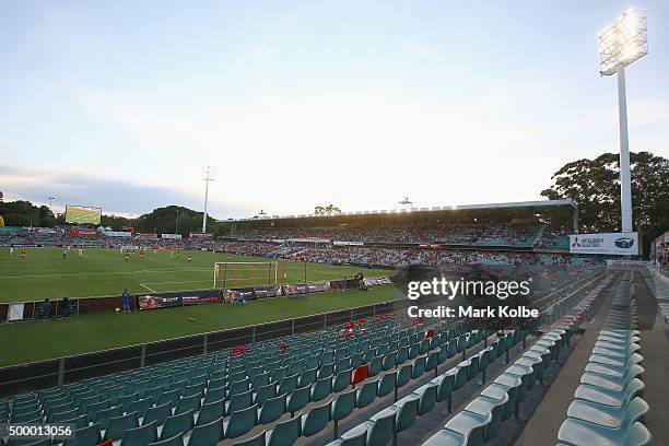 The empty seats in the bays usually taken up by "Red and Black Bloc" Wanderers supporters group is seen empty as the match starts during the round...