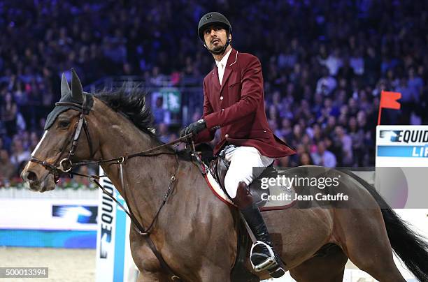 Sheikh Ali Bin Khalid Al Thani of Qatar competes in the Longines Speed Challenge show jumping event on day two of the Longines Paris Masters 2015...