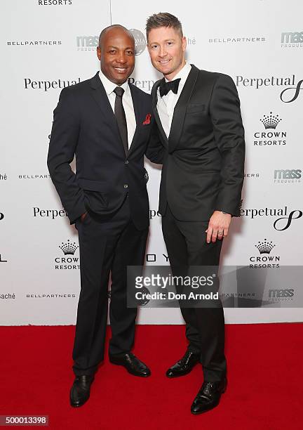 Brian Lara and Michael Clarke arrive ahead of the LOYAL Foundation 'Last Charge' Gala Dinner at Four Seasons Hotel on December 5, 2015 in Sydney,...