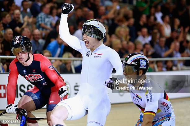 Joachim Eilers of Germany celebrates winning the final of the Mens Keirin during the 2015 UCI Track Cycling World Cup on December 5, 2015 in...