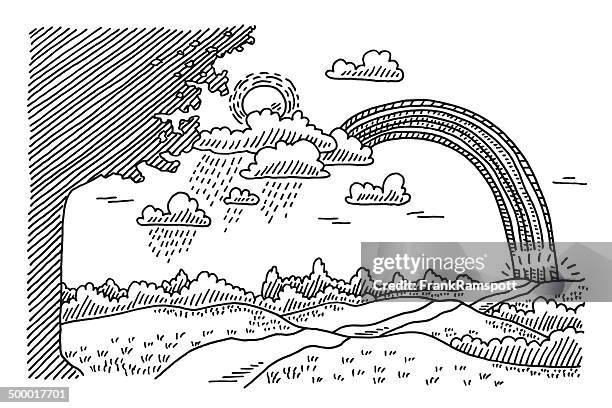 landscape road end of rainbow drawing - rainbow landscape stock illustrations