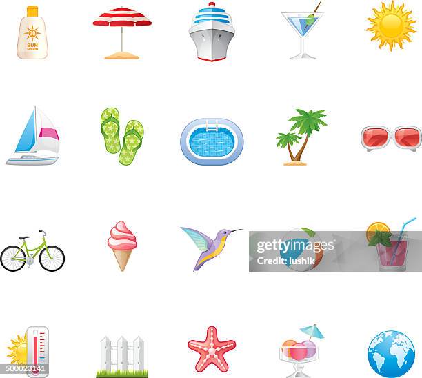 ilustraciones, imágenes clip art, dibujos animados e iconos de stock de hico iconos de vacaciones de verano — - beach umbrella white background
