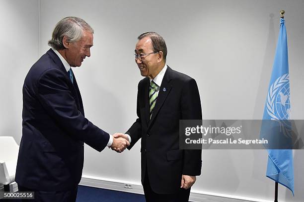 Senator of Massachusetts Ed Markey and UN Secretary-General Ban Ki-moon greet each other prior a Press Conference held by a delegation of Democratic...