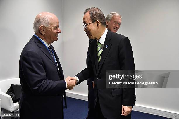 Senator of Marylan Ben Cardin and UN Secretary-General Ban Ki-moon greet each other prior a Press Conference held by a delegation of Democratic US...