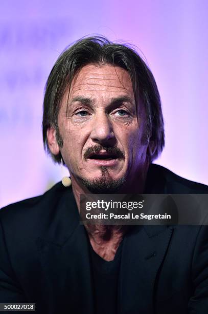 Actor Sean Penn makes a speech for the Action Day during the 21st Session Of Conference On Climate Change on December 5, 2015 in Paris, France. He is...