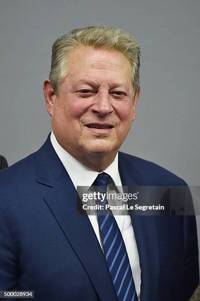 Former Vice President of The United States of America Al Gore poses prior a Press Conference held by a delegation of Democratic US Senators during...