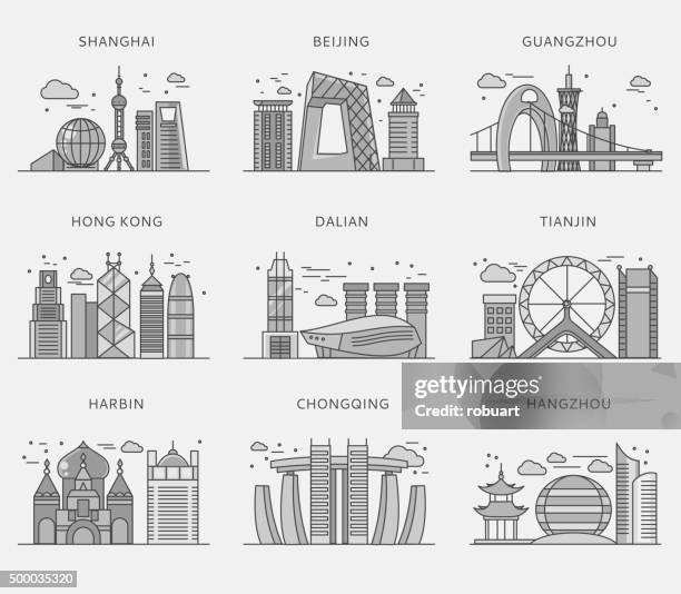 icons chinese major cities flat style - guangzhou china stock illustrations