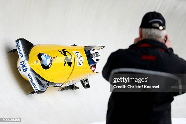 Anja Schneiderheinze and Erline Nolte of Germany compete in their first run of the two women's bob competition during the BMW IBSF Bob & Skeleton...