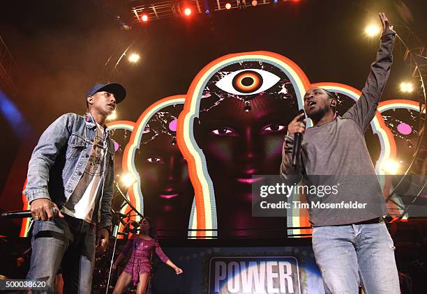 Pharrell Williams and Kendrick Lamar perform during Power 106 Cali Christmas at The Forum on December 4, 2015 in Inglewood, California.