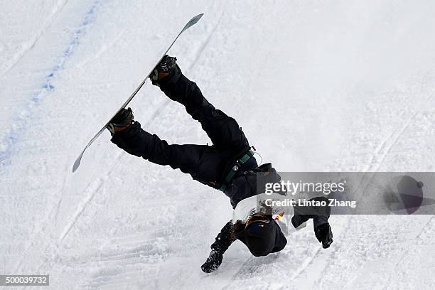 YuKi Kadono of Japan crashes in his super final run during the Air-Style Beijing 2015 Snowboard World Cup at Beijing National Stadium on December 5,...