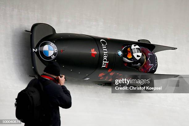 Kaillie Humphries and Melissa Lotholz of Canada compete in their first run of the two women's bob competition during the BMW IBSF Bob & Skeleton...