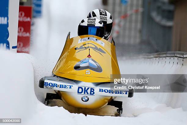 Anja Schneiderheinze and Erline Nolte of Germany compete in their second run of the two women's bob competition during the BMW IBSF Bob & Skeleton...