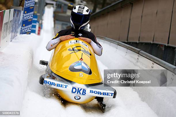 Anja Schneiderheinze and Erline Nolte of Germany compete in their second run of the two women's bob competition during the BMW IBSF Bob & Skeleton...