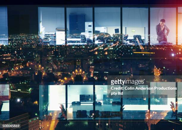 stockillustraties, clipart, cartoons en iconen met office building over reflection of cityscape - one mid adult woman only