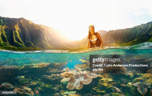 asian woman scuba diving in tropical reef - hawaii fun fotografías e imágenes de stock