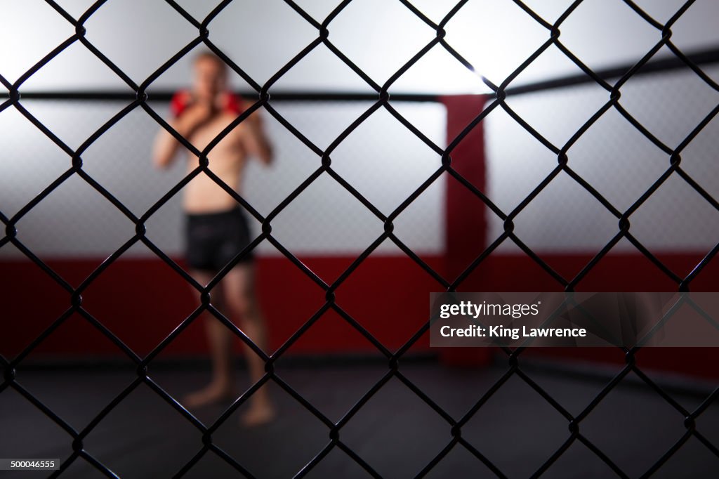 Caucasian cage fighter standing in cage