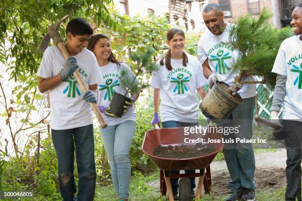 volunteers planting trees in urban park - city of spades bildbanksfoton och bilder
