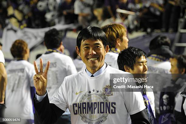 Hajime Moriyasu, coach of Sanfrecce Hiroshima celebrates after Sanfrecce Hiroshima won the J.League 2015 during the J.League 2015 Championship final...