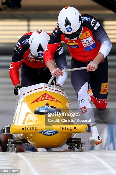 Rico Peter and Janne Bror van der Zijde of Switzerland compete in their first run of the two men's bob competition during the BMW IBSF Bob & Skeleton...
