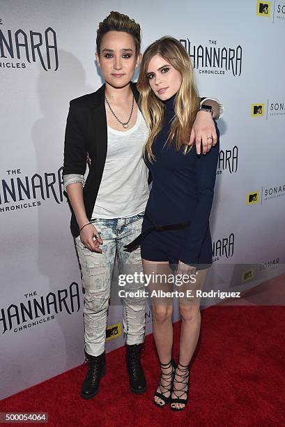 Actors Bex Taylor-Klaus and Carlson Young attend the premiere of MTV and Sonar Entertainment's "The Shannara Chronicles" at iPic Theaters on December...