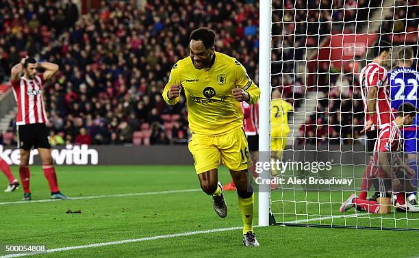 Joleon Lescott of Aston Villa celebrates scoring his team's first goal during the Barclays Premier League match between Southampton and Aston Villa...