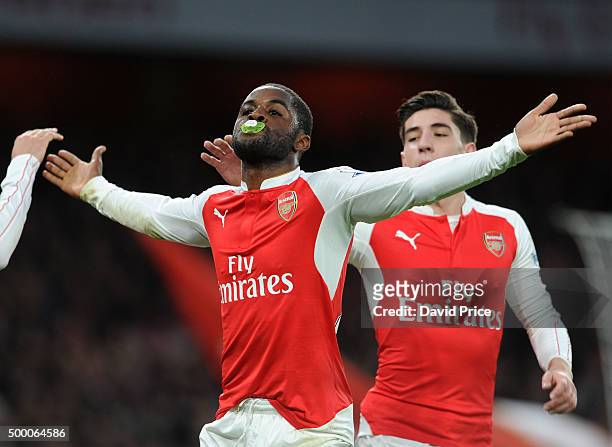 Joel Campbell celebrates scoring a goal for Arsenal during the Barclays Premier League match between Arsenal and Sunderland at Emirates Stadium on...