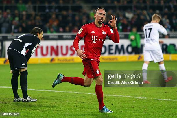 Franck Ribery of Muenchen celebrates his team's first goal during the Bundesliga match between Borussia Moenchengladbach and FC Bayern Muenchen at...